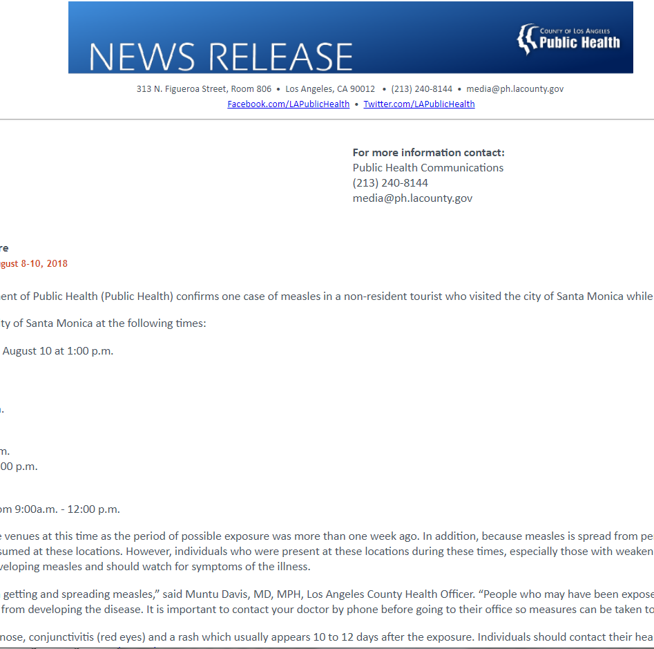 Press Release - Public Health Warns of Possible Measles Exposure